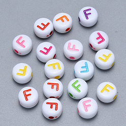 Letter F Craft Acrylic Horizontal Hole Letter Beads, Flat Round, Mixed Color, Letter.F, 7x3.5~4mm, Hole: 1.5mm, about 3600pcs/500g