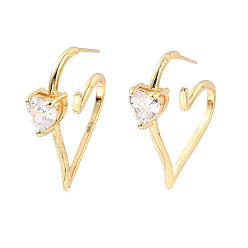 Real 18K Gold Plated Clear Cubic Zirconia Heart Stud Earrings, Brass Half Hoop Earrings for Women, Cadmium Free & Lead Free, Real 18K Gold Plated, 29x34x7mm, Pin: 0.6mm