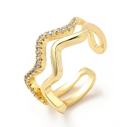 Настоящее золото 18K Открытое кольцо-манжета с прозрачной волной кубического циркония, украшения из латуни для женщин, реальный 18 k позолоченный, размер США 6 (16.5 мм)