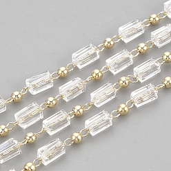 Real 18K Gold Plated Handmade Glass Beaded Chains, Soldered, with Spool, with Brass Findings, Faceted, Rectangle, Clear, Real 18K Gold Plated, 2.5mm, about 16.4 Feet(5m)/roll