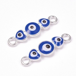 Silver ALloy Enamel Link, Heart Evil Eye Connectors, Royal Blue, Silver, 27x8x3mm, Hole: 2.5mm