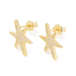 Real 18K Gold Plated Clear Cubic Zirconia Star Stud Earrings, Brass Jewelry for Women, Cadmium Free & Nickel Free & Lead Free, Real 18K Gold Plated, 16x9.5mm, Pin: 0.6mm