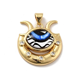Blue Eye with Moon Brass Micro Pave Clear Cubic Zirconia Pendants, with Resin Eyeball, Cadmium Free & Nickel Free & Lead Free, Real 18K Gold Plated, Blue, 23x22x7mm, Hole: 3.6x4.3mm