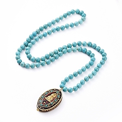 Synthetic Turquoise Buddhist Jewelry, Guan Yin Pendant Necklaces, with Handmade Oval Indonesia Goddess of Mercy Pendants, Glass Seed Beads, Synthetic Turquoise Beads, Braided Nylon Thread and Copper Wire, 30.86 inch(78.4cm), Pendant: 55x30x9.6mm