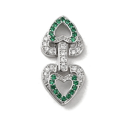 Green Brass Micro Pave Cubic Zirconia Fold Over Clasps, Heart, Real Platinum Plated, Green, 29x14x4.5mm