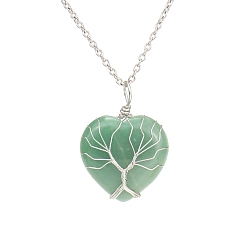 Green Aventurine Natural Green Aventurine Heart Pendant Necklaces, Platinum Copper Wire Wrap Necklace, 20.47 inch(52cm)