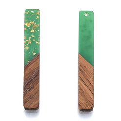 Vert Mer Moyen Gros pendentifs en résine opaque et bois de noyer, une feuille d'or, charme rectangle, vert de mer moyen, 51.5x7.5x3mm, Trou: 1.8mm