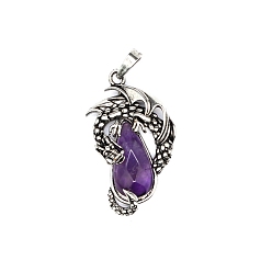 Amethyst Natural Amethyst Brass Pendants, Flying Dragon Charms with Faceted Teardrop Gems, Antique Silver, 38x22x6mm
