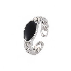 Black Enamel Oval Open Cuff Ring, Tibetan Style Alloy Jewelry for Men Women, Cadmium Free & Lead Free, Platinum, Black, US Size 9 1/4(19.1mm)