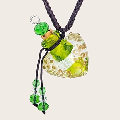 Yellow Green Baroque Style Heart Handmade Lampwork Perfume Essence Bottle Pendant Necklace, Adjustable Braided Cord Necklace, Sweater Necklace for Women, Yellow Green, 18-7/8~26-3/4 inch(48~68cm)