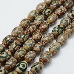 Olive Tibetan Style 3-Eye dZi Beads Strands, Natural Agate Beads, Dyed & Heated, Barrel, Olive, 9.5~10x13.5~14mm, Hole: 2mm, about 27pcs/strand, 14.9 inch(380mm)