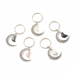 Mixed Stone Mixed Stone and Tibetan Style Alloy Keychain, with Iron Split Key Rings, Moon, 7.1cm