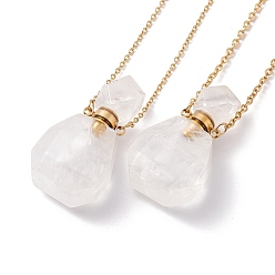 Quartz Crystal Openable Faceted Natural Quartz Crystal Perfume Bottle Pendant Necklaces for Women, 304 Stainless Steel Cable Chain Necklaces, Golden, 18.50 inch(47cm)