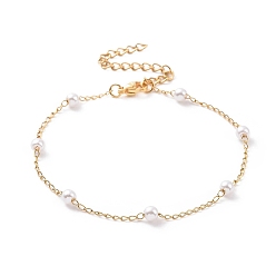 Golden Round Plastic Imitation Pearl Beaded Bracelets, with Vacuum Plating 304 Stainless Steel Curb Chains, White, Golden, 7-1/8 inch(18.2cm)