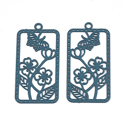 Cadet Blue 430 Stainless Steel Filigree Pendants, Spray Painted, Etched Metal Embellishments, Rectangle with Flower, Cadet Blue, 27x13x0.4mm, Hole: 1.2mm
