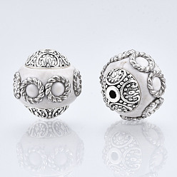 WhiteSmoke Round Handmade Indonesia Beads, with Alloy Cores, Antique Silver, WhiteSmoke, 14~15x15mm, Hole: 1.5mm