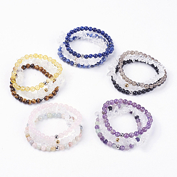 Mixed Stone Natural Mixed Gemstone Stretch Bracelets, with 304 Stainless Steel Beads, Cardboard Jewelry Box Packing, 2 inch~2-1/4 inch(52~57mm), 3strands/set