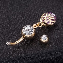 Purple Piercing Jewelry, Brass Cubic Zirconia Navel Ring, Belly Rings, with 304 Stainless Steel Bar, Cadmium Free & Lead Free, Real 18K Gold Plated, Purple, 38x8mm, Bar Length: 3/8"(10mm), Bar: 14 Gauge(1.6mm)