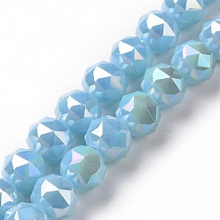 Sky Blue Electroplate Opaque Glass Beads Strands, AB Color Plated, Faceted, Round, Sky Blue, 8x7.5mm, Hole: 1.5mm, about 71~72pcs/strand, 20.87''(53cm)