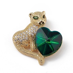 Green Real 18K Gold Plated Rack Plating Brass Micro Pave Clear Cubic Zirconia Pendants, with Glass, Long-Lasting Plated, Cadmium Free & Lead Free, Leopard with Heart Charm, Green, 24x22x8mm, Hole: 5x3mm