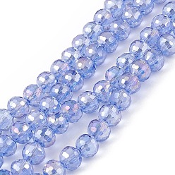 Bleu Bleuet Transparentes perles de verre de galvanoplastie brins, à facettes (96 facettes), ronde, de couleur plaquée ab , bleuet, 7.5~8x7mm, Trou: 1.2mm, Environ 70~72 pcs/chapelet, 20.08~20.47 pouce (51~52 cm)