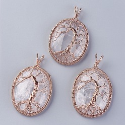 Quartz Crystal Natural Quartz Crystal Big Pendants, Rock Crystal, with Rose Gold Tone Brass Findings, Oval with Tree of Life, 56~58.5x35~36x12~13.8mm, Hole: 4.2~5.2x4.6~6mm