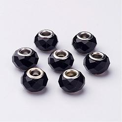 Black Glass European Beads, Large Hole Beads, Black, Brass Core in Silver Color, about 14mm wide, 9mm long, hole: 5mm