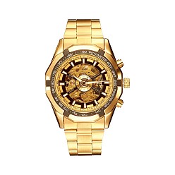 Golden Alloy Watch Head Mechanical Watches, with Stainless Steel Watch Band, Golden, 220x20mm, Watch Head: 54x51x15mm, Watch Face: 35mm