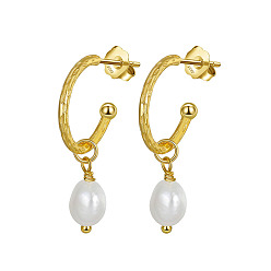 Real 14K Gold Plated Natural Pearl Dangle Stud Earrings, 925 Sterling Silver Half Hoop Earrings, with S925 Stamp, Golden, 28mm