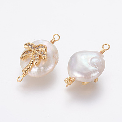 Clair Connecteurs de liens de perles naturelles, avec accessoires zircon cubique micro pave en laiton, pépites de cocotier, or, clair, 21~27x13~16x6~8mm, Trou: 1.6mm