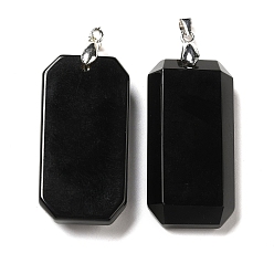 Obsidiana Colgantes naturales de obsidiana, charms rectangulares facetados, con broche de presión de latón platino, sin plomo y el cadmio, 40~41x20~21x6~9 mm, agujero: 4.3x3.8 mm