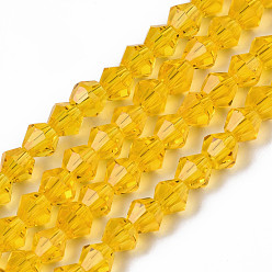 Gold Faceted Bicone Glass Beads Strands, Gold, 4x4mm, Hole: 1mm, about 92~96pcs/strand, 13.78~14.37 inch