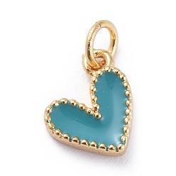 Turquoise Foncé Charmes d'émail, avec les accessoires en laiton, cœur, réel 18 k plaqué or, turquoise foncé, 9x7x2.5mm, Trou: 2.5mm