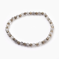 Mixed Stone Natural Cloud Quartz & Pyrite Beads Stretch Bracelets, Round, Faceted, 2-1/8 inch(5.4cm)