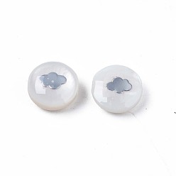 Platinum Natural Freshwater Shell Beads, with Platinum Plated Brass Metal Embellishments, Flat Round with Palm, Platinum, 8x4.5mm, Hole: 0.6mm