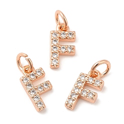 Real Rose Gold Plated Brass Micro Pave Grade AAA Cubic Zirconia Charms, Letter F, Cadmium Free & Nickel Free & Lead Free, Real Rose Gold Plated, 9x5x1.5mm, Hole: 2mm