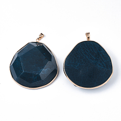 Medium Blue Natural Crackle Agate Big Pendants, with Light Gold Plated Brass Edge & Pinch Bails, Dyed & Heated, Oval, Faceted, Medium Blue, 61~62x54~55x12~14mm, Hole: 4x7mm