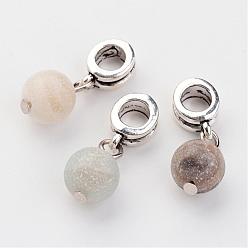 Mixed Stone Large Hole Alloy European Dangle Charms, with Natural Gemstone Pendants, Flower Amazonite , Round, Antique Silver, 22mm, Hole: 5mm