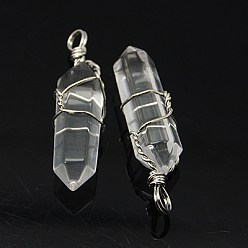 Quartz Crystal Natural Quartz Crystal Double Terminated Pointed Pendants, Rock Crystal, with Brass Pendant Settings, Faceted, Bullet, Platinum Metal Color, 35~45x10~13mm, Hole: 3mm