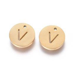 Letter V 304 Stainless Steel Charms, Ion Plating (IP), Flat Round, Letter.V, 10x1.5mm, Hole: 1mm