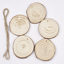 PapayaWhip Undyed Unfinished Wooden Pendants, Wood Slice, Tree Ring, PapayaWhip, 80~90x8mm, Hole: 3~4mm, about 5pcs/bag