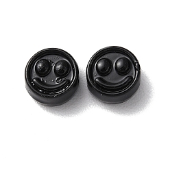 Black Spray Painted Alloy Beads, Flat Round with Smiling Face, Black, 7.5x4mm, Hole: 2mm