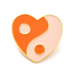 Orange Coeur avec broche en émail motif yin yang, Broche en alliage d'émail porte-bonheur pour vêtements de sac à dos, or, orange, 29x30x10.5mm, pin: 1 mm