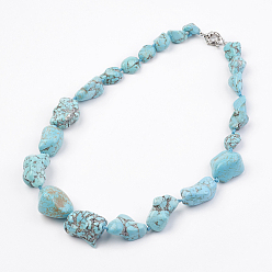 Turquoise Natural Howlite Graduated Beaded Necklaces, with Brass Findings, Dyed & Heated, Platinum, Nuggets, Turquoise, 18.9 inch(48cm)