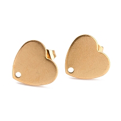 Golden Ion Plating(IP) 304 Stainless Steel Stud Earring Findings, with Ear Nuts/Earring Backs and Hole, Heart Shape, Golden, 12x13x1mm, Pin: 0.8mm