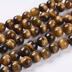 Goldenrod Natural Tiger Eye Beads Strands, Round, Goldenrod, 10mm, Hole: 1mm, about 19pcs/strand, 7.4 inch