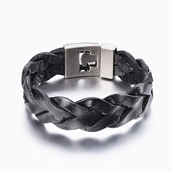 Black Braided Leather Cord Bracelets, with Alloy Clasps, Black, 8-1/4 inch(210mm), 20x7mm