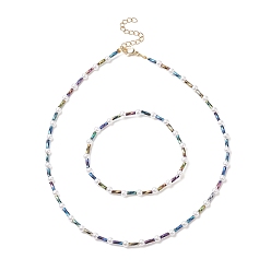 Colorful Bead Stretch Bracelets and Beaded Necklace Sets for Women, with Glass Twisted Bugle & ABS Plastic Imitation Pearl Beads, Colorful, Necklace: about 14.21 inch(36.1cm), Bracelet: 2-1/8 inch(5.3cm)