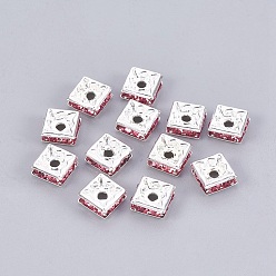 Rose Séparateurs perles en verre avec strass en laiton, Grade a, sans nickel, de couleur métal argent, carrée, rose, 6x6x3mm, Trou: 1mm