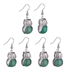 Green Aventurine Natural Green Aventurine Owl Dangle Earrings, Platinum Brass Jewelry for Women, 41mm, Pin: 0.6mm